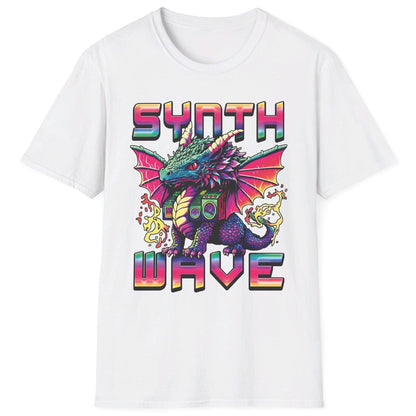 Synthwave Dragon Shirt in white featuring the word "SYNTHWAVE" and neon art of a young dragon with a boombox.