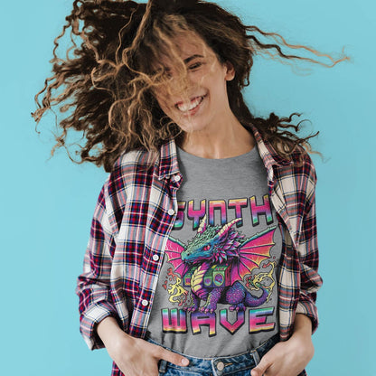 Woman dancing in a Synthwave Dragon Shirt featuring the word "SYNTHWAVE" and neon art of a young dragon with a boombox.