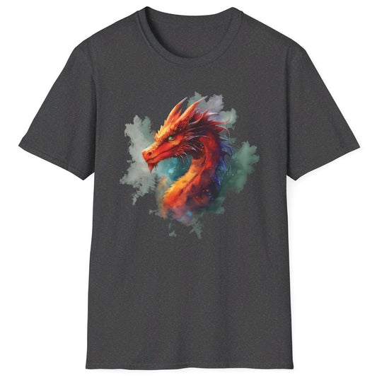 Western Dragon Shirt in dark heather grey featuring ethereal watercolor art of a red and orange dragon's head and neck.