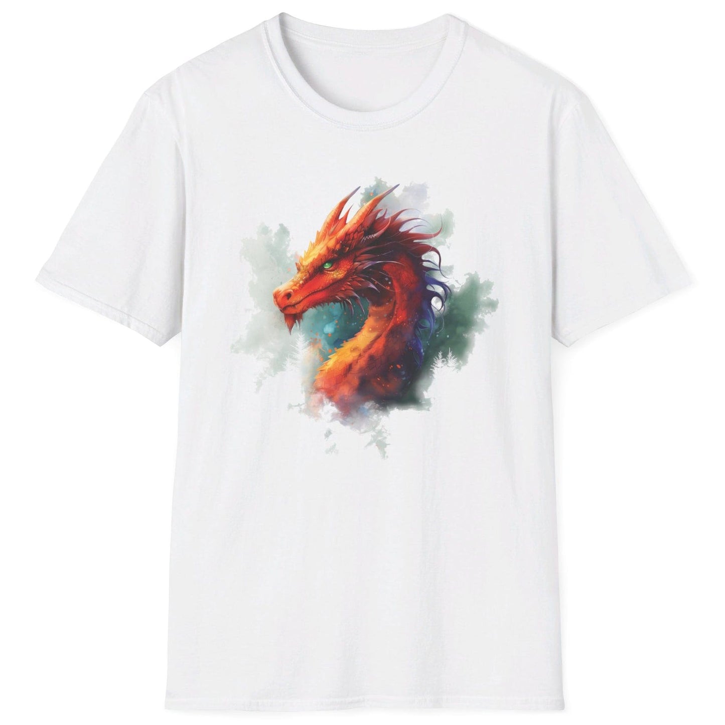 Western Dragon Shirt in white featuring ethereal watercolor art of a red and orange dragon's head and neck.